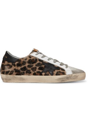 Golden Goose | Superstar distressed leopard-print calf hair, leather and suede sneakers | NET-A-PORTER.COM