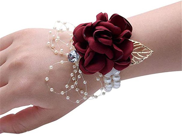 Flonding Rose Wedding Wrist Corsage and Boutonniere Set Party Prom Hand Ribbon Flower Suit Decor (Wine Red) : Home & Kitchen