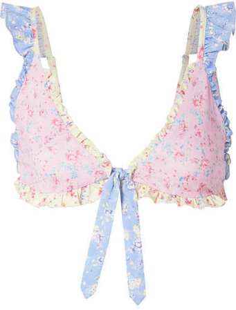 Claudia Ruffled Paneled Floral-print Bikini Top - Baby pink