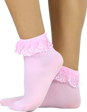 ToBeInStyle Women's Opaque Ankle High Socks With Ruffled Lace Top - Pink at Amazon Women’s Clothing store