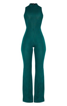 Emerald Green High Neck Striped Velvet Jumpsuit | PrettyLittleThing USA