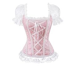 Blidece Gothic Tapestry Lace up Boned Corset Overbust Bustier with Lace Sleeves Pink at Amazon Women’s Clothing store