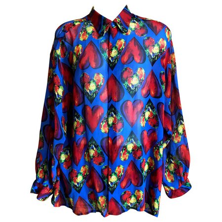 Gianni Versace Couture Men’s Sheer Silk Shirt 1997 Jim Dine Heart Print Size XXL For Sale at 1stdibs