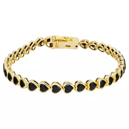 Bezel Set Heart Shape Onyx Tennis Bracelet 14K Yellow Gold 7.5 Inches For Sale at 1stDibs