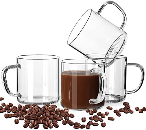 Amazon.com | LUXU Glass Coffee Mugs Set of 4, Large Wide Mouth Mocha Hot Beverage Mugs(14oz), Clear Espresso Cups with Handle, Lead-Free Drinking Glassware, Perfect for Latte, Cappuccino, Hot Chocolate, Tea and Juice: Coffee Cups & Mugs
