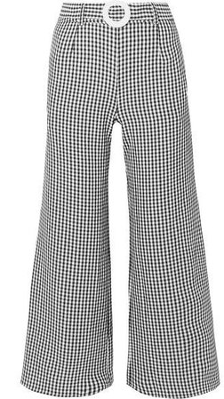 Belted Cropped Gingham Seersucker Wide-leg Pants - Black