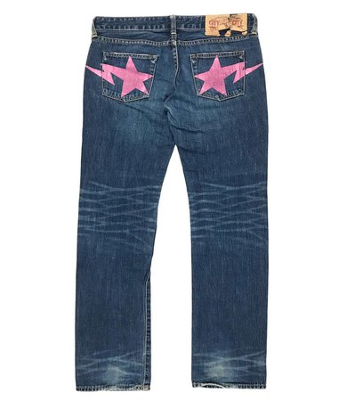 barhaine archive sur Instagram : Bapesta print jeans SOLD Indigo denim with the pink Bapesta logo printed on both back pockets. Measurements: marked as size short waist…
