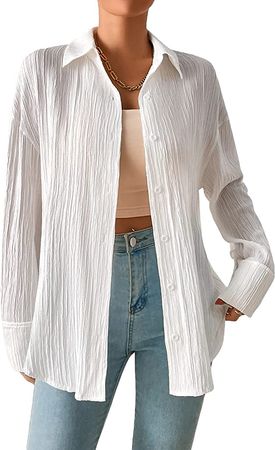 MakeMeChic Women's Oversized Button Down Shirts Collared Button Up Shirt Blouse Top Split White S at Amazon Women’s Clothing store