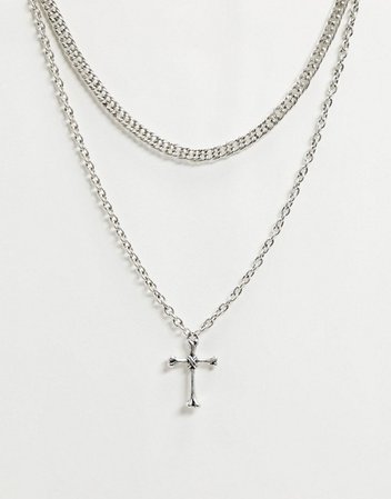 ASOS DESIGN layered necklace with cross pendant in burnished silver tone | ASOS
