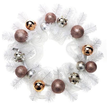 Decorated Mesh Ribbon & Rose Gold Spheres Christmas Wreath, White/Silver, 21-Inch - Walmart.com
