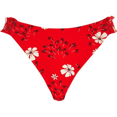 Red floral shirred side bikini bottoms | River Island