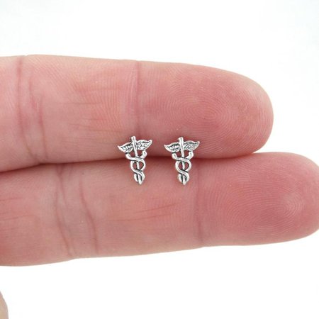 Caduceus Sterling Silver Stud Earrings Medical Symbol | Etsy