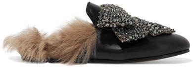 Princetown Shearling-lined Embellished Leather Slippers - Black