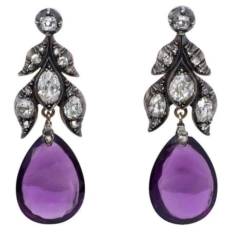 Antique Old Mine Cut Diamond and Amethyst Pendant Earrings in Silver and Gold For Sale at 1stDibs