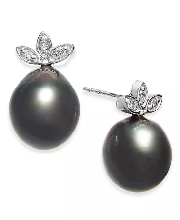 Macy's Cultured Black Tahitian Pearl (9mm) & Diamond (1/10 ct. t.w.) Stud Earrings in 14k White Gold