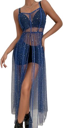 Women Mesh Cover Ups Dresses Sequin Split See-Thru Spaghetti Strap Maxi Dress Beach Coverup Cocktail Party Clubwear (L, Black) at Amazon Women’s Clothing store