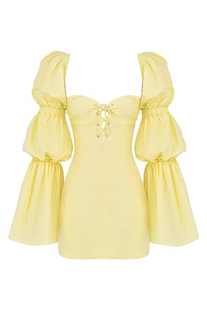 'Heartbeat' Lemon Lace Up Puff Sleeve Mini Dress - Mistress Rock