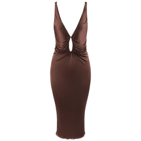ALEXANDER McQUEEN S/S 1996 Brown Plunging Keyhole Neck Bodycon Midi Dress For Sale at 1stDibs