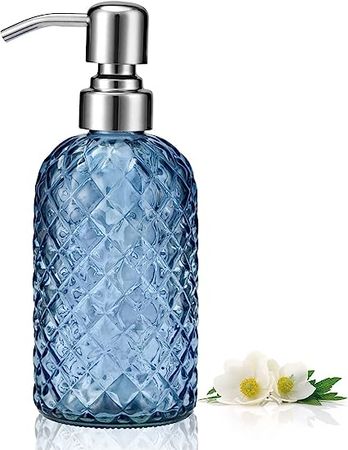 Amazon.com: Aywaiw 12oz Kitchen Glass Soap Bottle, Bathroom 304 Rustproof Stainless Steel Pump, Refillable Liquid Glass Soap Dispenser(Blue Grey) : Health & Household