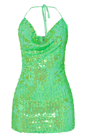 Green Disk Sequin Cowl Halterneck Bodycon Dress