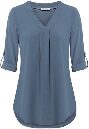 Youtalia Women Blouses for Party, Juniors Stylish Long Sleeve V Neck Chiffon Blouse Pleats Curved Hem Relaxed Fit Comfy Tunic Shirts(Small, Blue Grey) at Amazon Women’s Clothing store