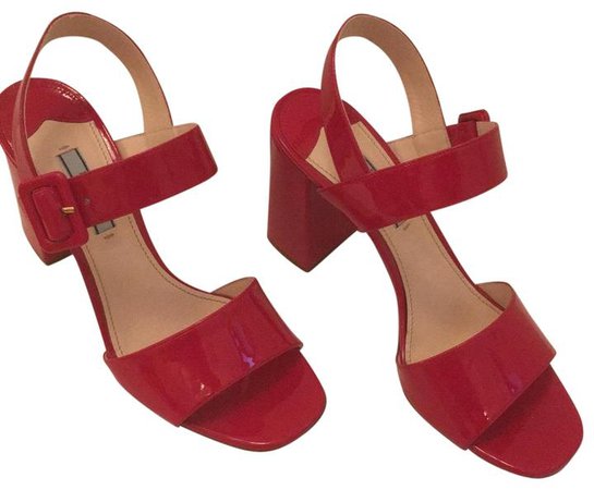 Prada Patent Leather Chunky Heel High Heel Red Sandals