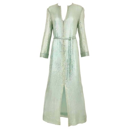 1970s HALSTON Minty Green Iridescent Sequin Kaftan Dress For Sale at 1stDibs