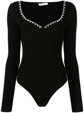 AREA Ribbed Knit Embellished Black Bodysuit - Farfetch