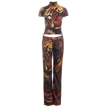 Roberto Cavalli orange tiger print t-shirt and pants suit, fw 2000 For Sale at 1stDibs