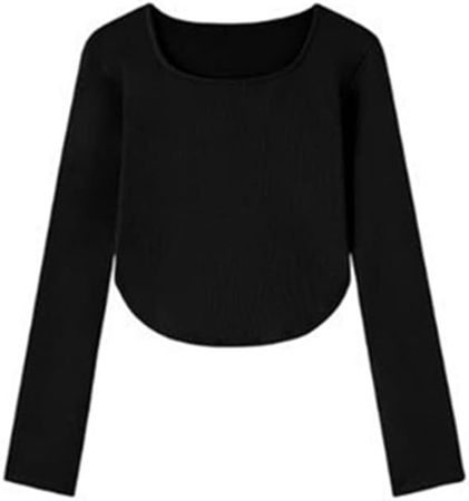 Women Long Sleeve Crewneck Shirts Basic Crop Tops Vintage Slim Fit Solid Color Pullover Tight Tee Shirts at Amazon Women’s Clothing store