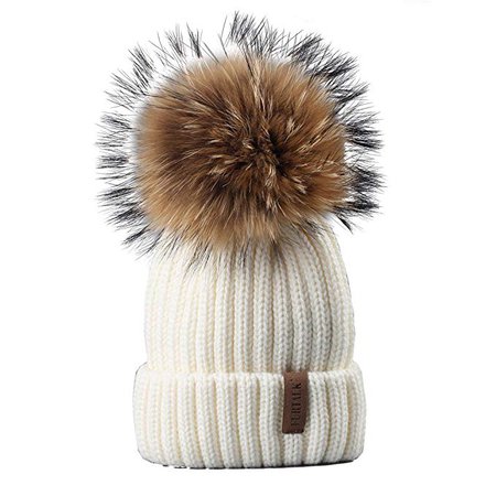 FURTALK Winter Hat With Real Raccoon Fur Pom-Pom