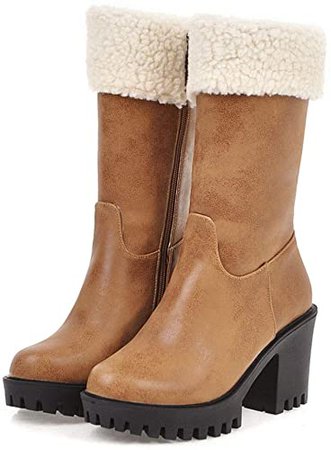 Amazon.com | SaraIris Shoes for Women Winter Fur Boots - Vintage Block High Heels Round Toe Platform Shoes Woman Fur Collar Side Zip Half Knee Mid Calf Snow Boots Yellow | Mid-Calf
