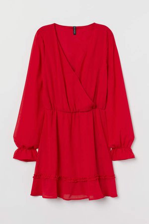 V-neck Chiffon Dress - Red