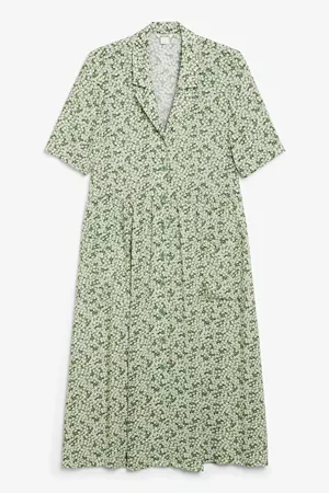 Long button-up shirt dress - Green floral - Dresses - Monki WW