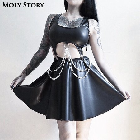 Gothic Sexy Two Piece Leather Crop Top & Skirt Outfit