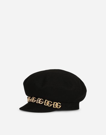Women's Hats and Gloves in Black | Wool baize baker boy hat with DG logo chain | Dolce&Gabbana