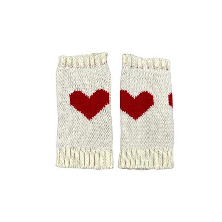 White and Red Heart Knit Fingerless Gloves