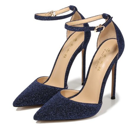 Charming Navy Blue Prom Satin Womens Sandals 2020 Ankle Strap 12 cm Stiletto Heels Pointed Toe Pumps