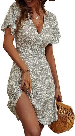 FENSACE Sun Dresses for Women 2023 Sage Green Casual A-Line Wrap Floral Easter Dress(Green,Medium) at Amazon Women’s Clothing store