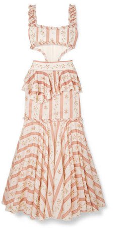 Cutout Ruffle-trimmed Printed Cotton Maxi Dress - Pink