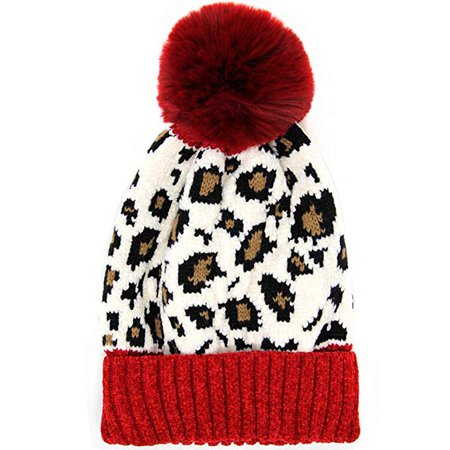 by You Women Fashion Winter Fall Soft Knitted Leopard Pattern Beanie Hat with Pompom (Leopard W/Pompom -Black) at Amazon Women’s Clothing store