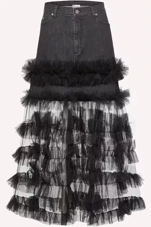 REDValentino SKIRT IN DENIM AND POINT D’ESPRIT TULLE WITH BUTTERFLY PATCHES
