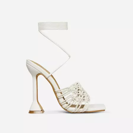 Honeyme Lace Up Knotted Strap Detail Square Toe Sculptured Heel In Cream Nude Fabric And Faux Leather | EGO