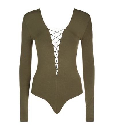 Micro Modal Spandex Lace Up Long Sleeve Bodysuit In Green| T BY ALEXANDER WANG .