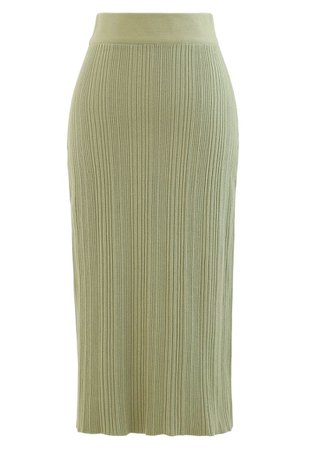 Slit Back Rib-Knit Pencil Skirt in Moss Green - Retro, Indie and Unique Fashion