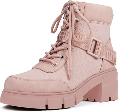 Amazon.com | REDTOP Women's Combat Boots Chunky Lug Sole Ankle Boots Lace Up Buckle Casual Shoes Pink | Ankle & Bootie