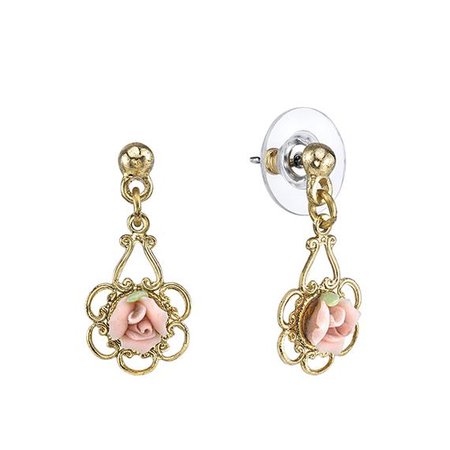 1928 Jewelry Gold-Tone Porcelain Rose Drop Earrings