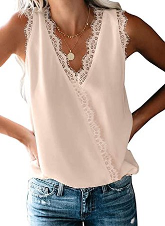BLENCOT Women's V Neck Lace Trim Tank Tops Casual Loose Sleeveless Blouse Shirts at Amazon Women’s Clothing store