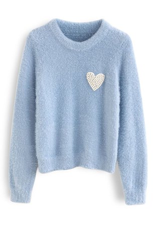 Pearly Heart Patch Soft Fuzzy Knit Sweater in Blue - Retro, Indie and Unique Fashion