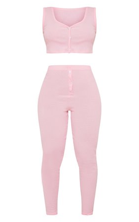 Pink Brushed Rib Button Up Crop Top Legging Pj Se | PrettyLittleThing USA